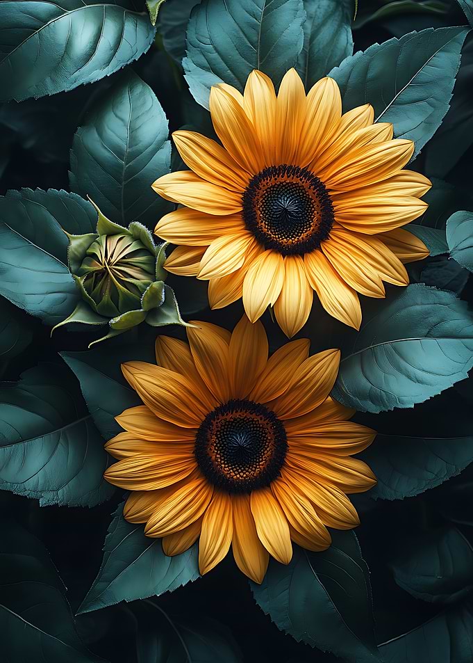 Sunflowers and Leaves