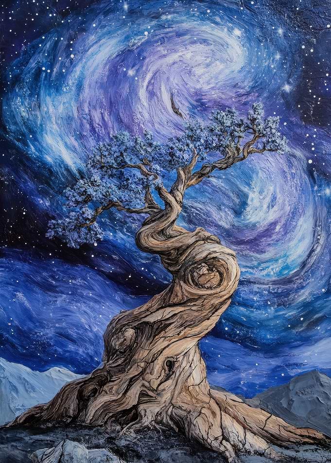 Twisted Tree Under Galaxy
