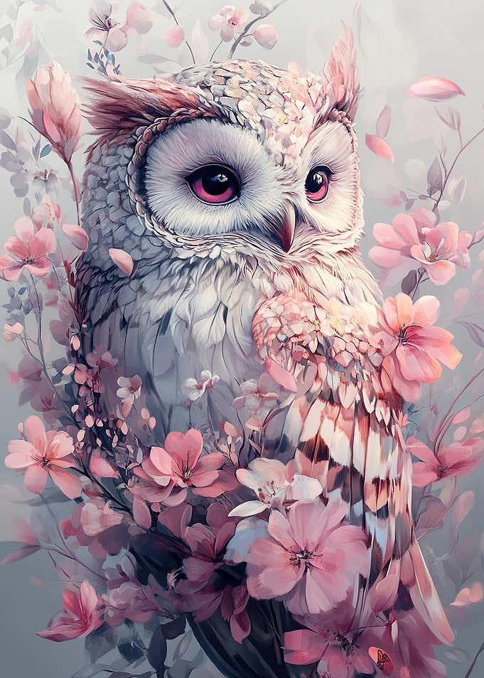 Owl in Pink Blossoms