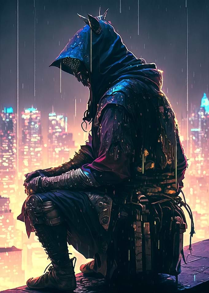 Hooded Figure in Cityscape