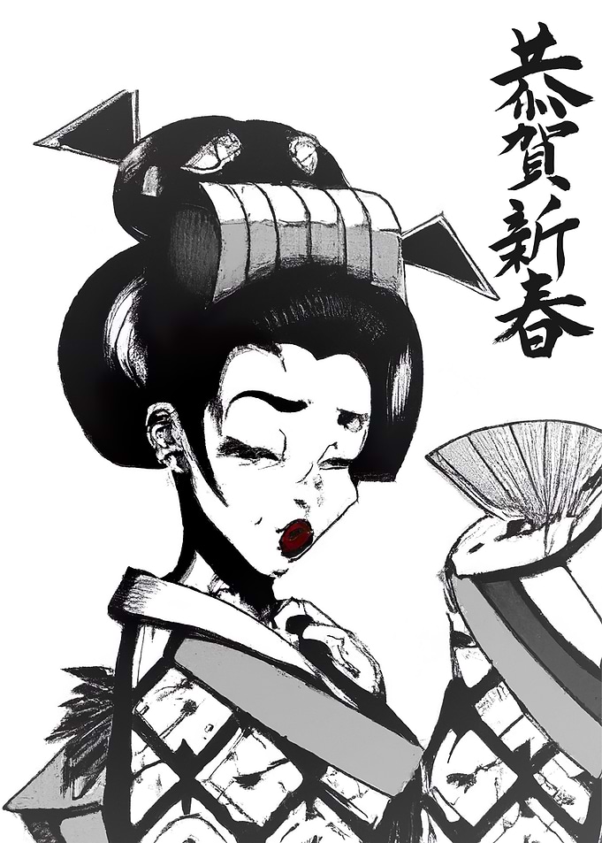 Geisha with Fan black white