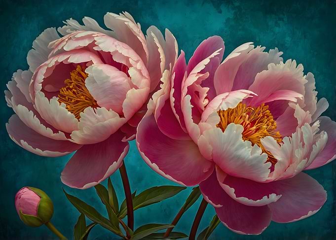 Pink Peonies on Teal