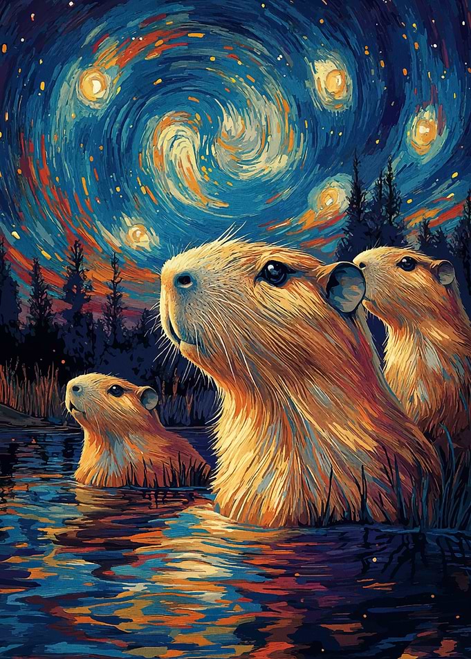 Capybaras Under Starry Night