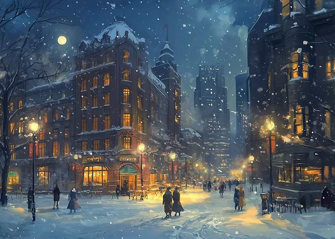Snowy Cityscape at Night