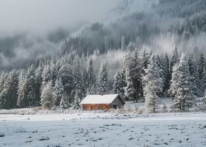 Snowy Cabin in the Woods