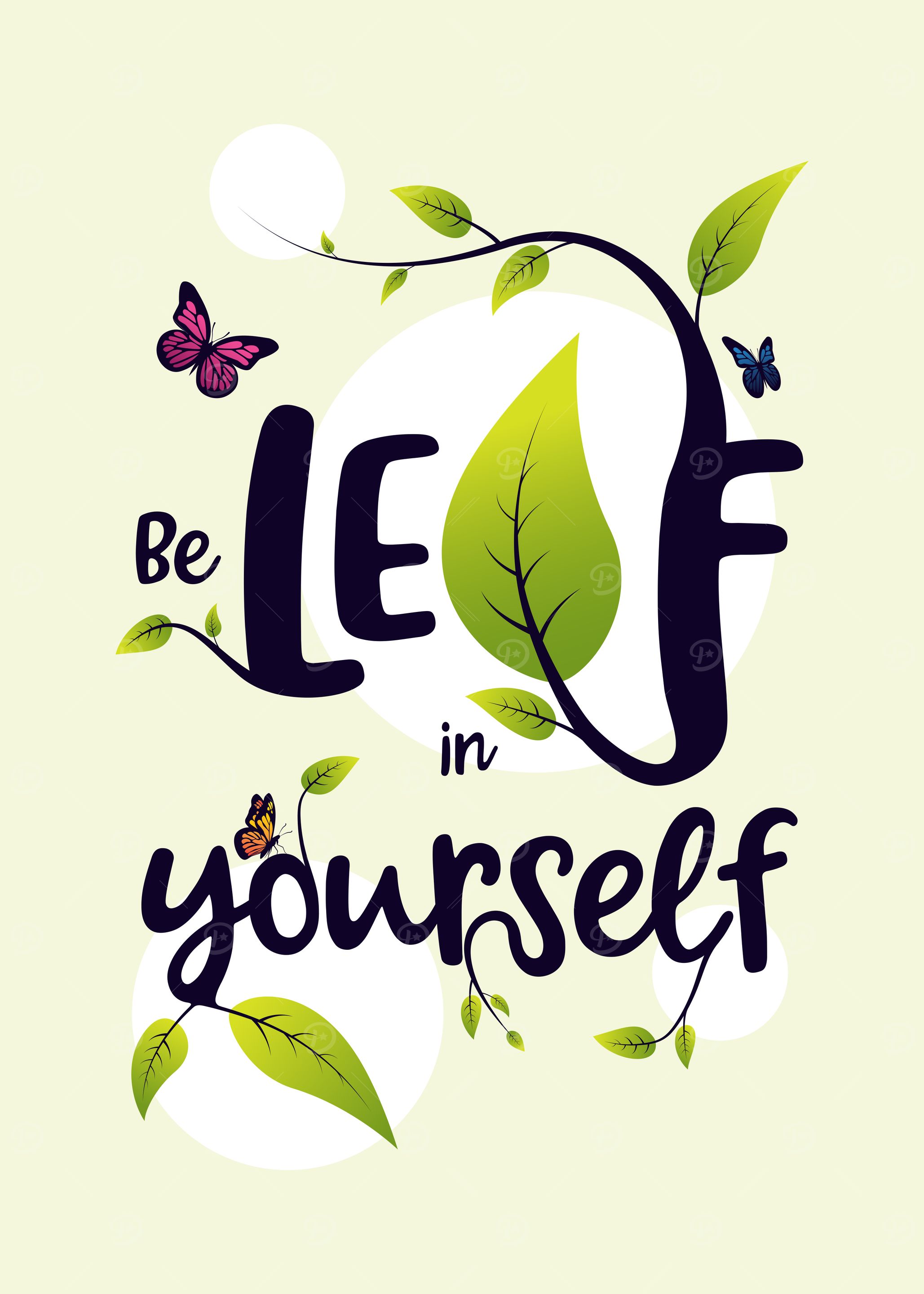 Creative typography illustration. Nature, butterflies, leaves.