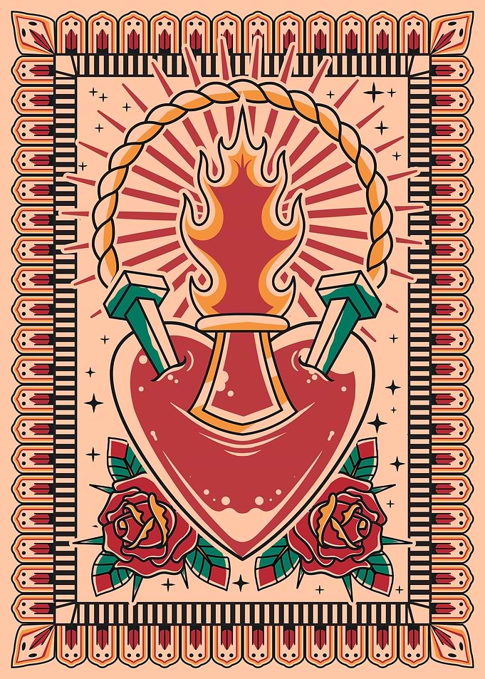 Flaming Sacred Heart Tattoo