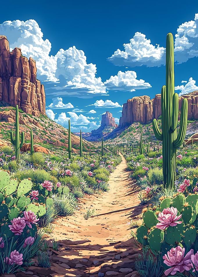 Serene Desert Landscape : Cactus and Clouds