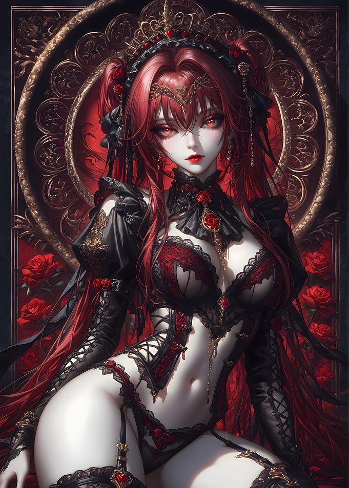 Red-Haired Anime Woman in Black Lace