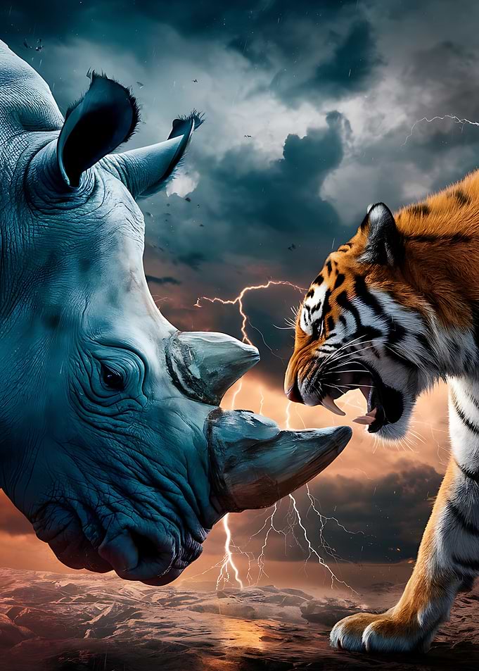 Rhino vs Tiger, animals art