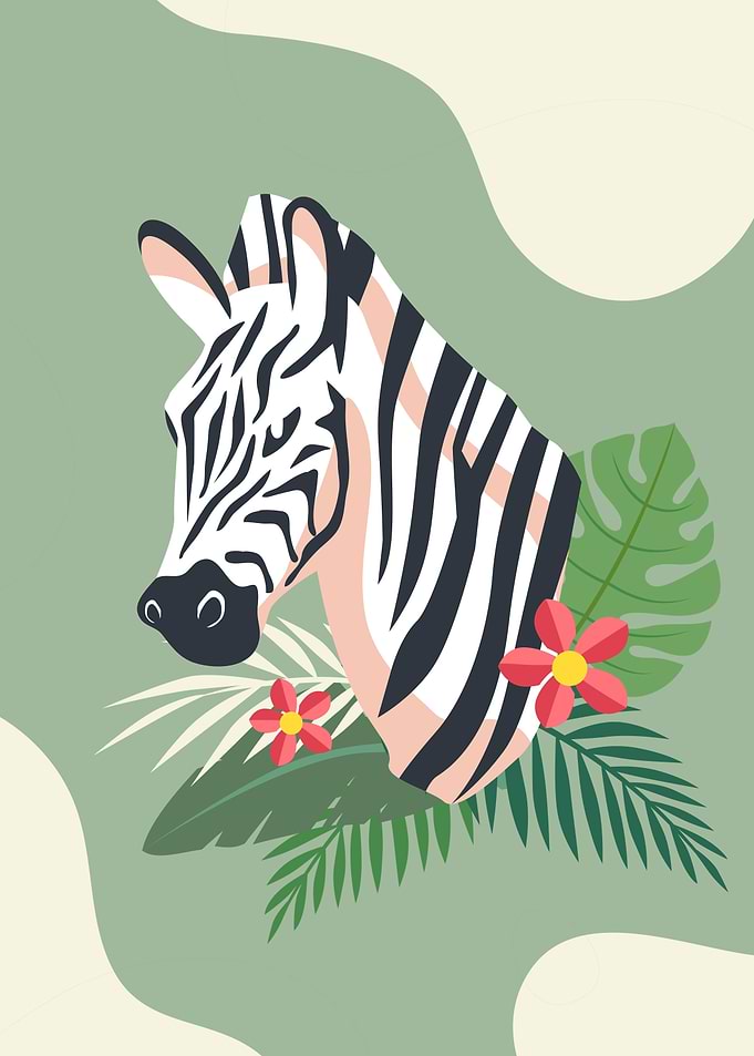 Zebra with Tropical Leaves, Zebra Art Print | Jungle Wall Art | Modern Boho Artwork | Zebra Poster | Zebra Stripes Illustration | Jungle Safari Art | Printable Wall Art