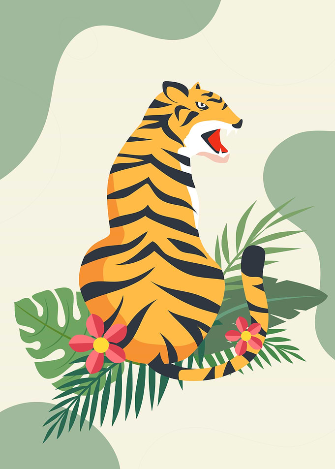 Tiger with Tropical Leaves, tiger posters | tiger painting | retro wall art | vintage tiger art print | tiger on sofa | whimsical decor | bedroom print