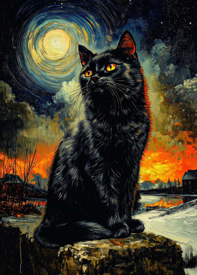 Black Cat Under a Swirling Moon