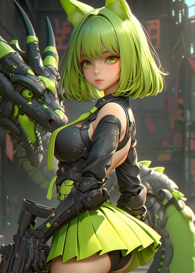 Green-Haired Anime Girl with Dragon Gaming