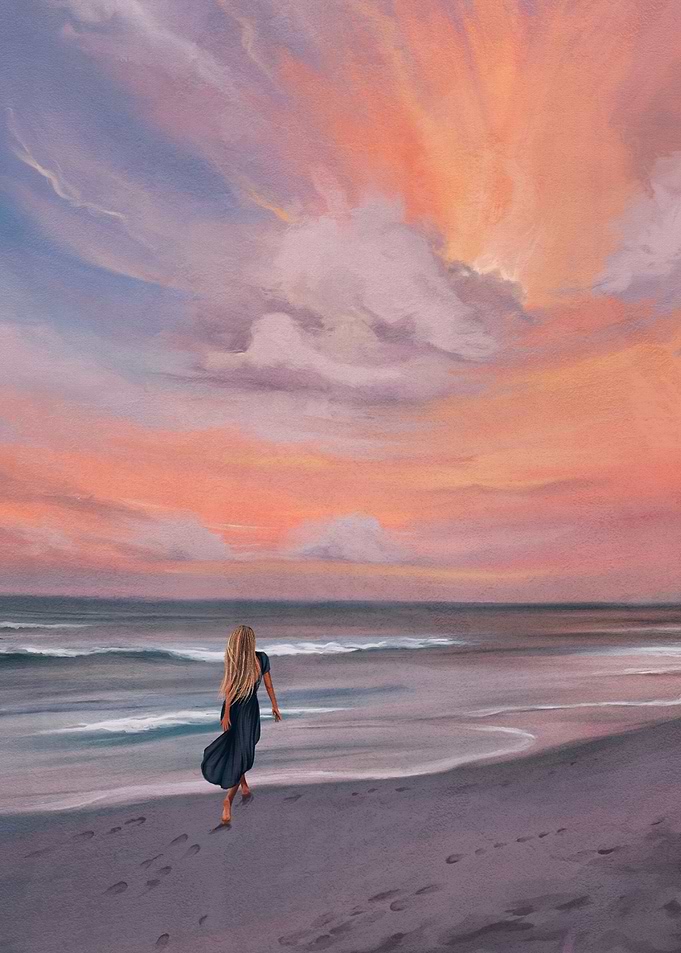 Woman Walking on Beach at Sunset