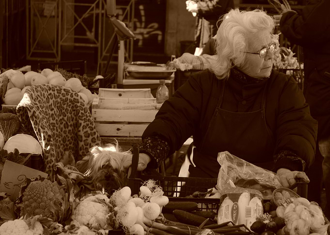 Market Stall with Woman and Dog
