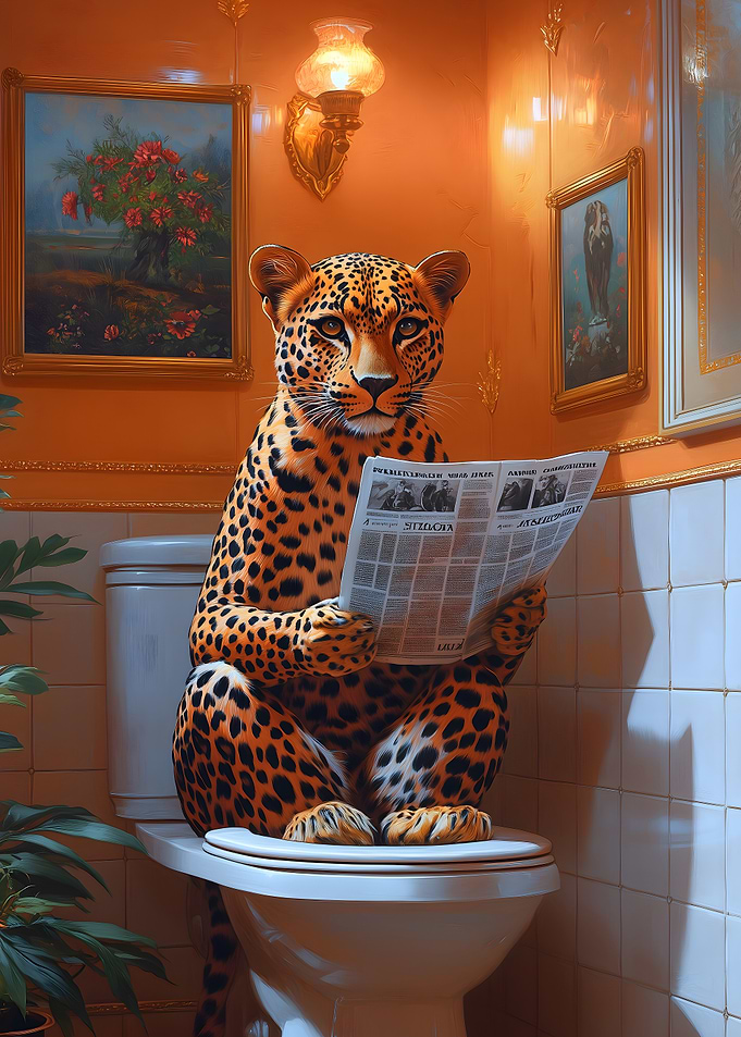 Leopard Reading Newspaper Toilet