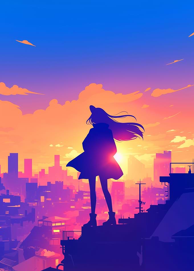 Anime Girl Silhouette Sunset Cityscape