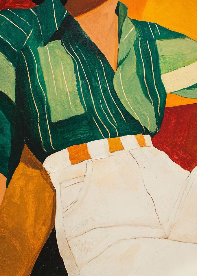 Green Striped Shirt and White Pants