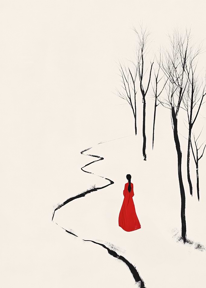 Woman in Red on Snowy Path