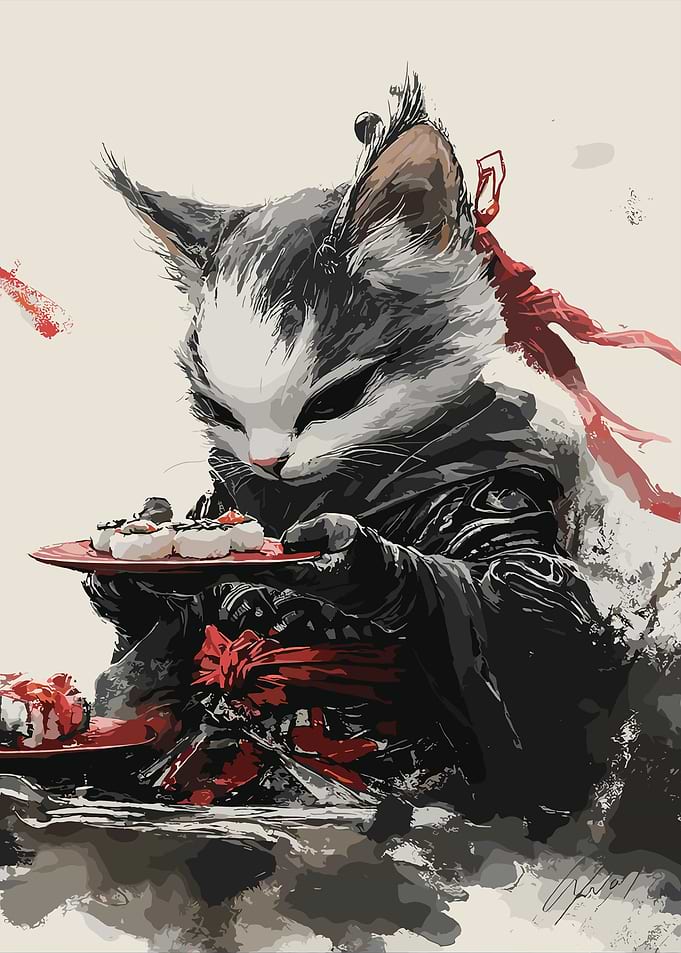 Samurai Cat with Sushi