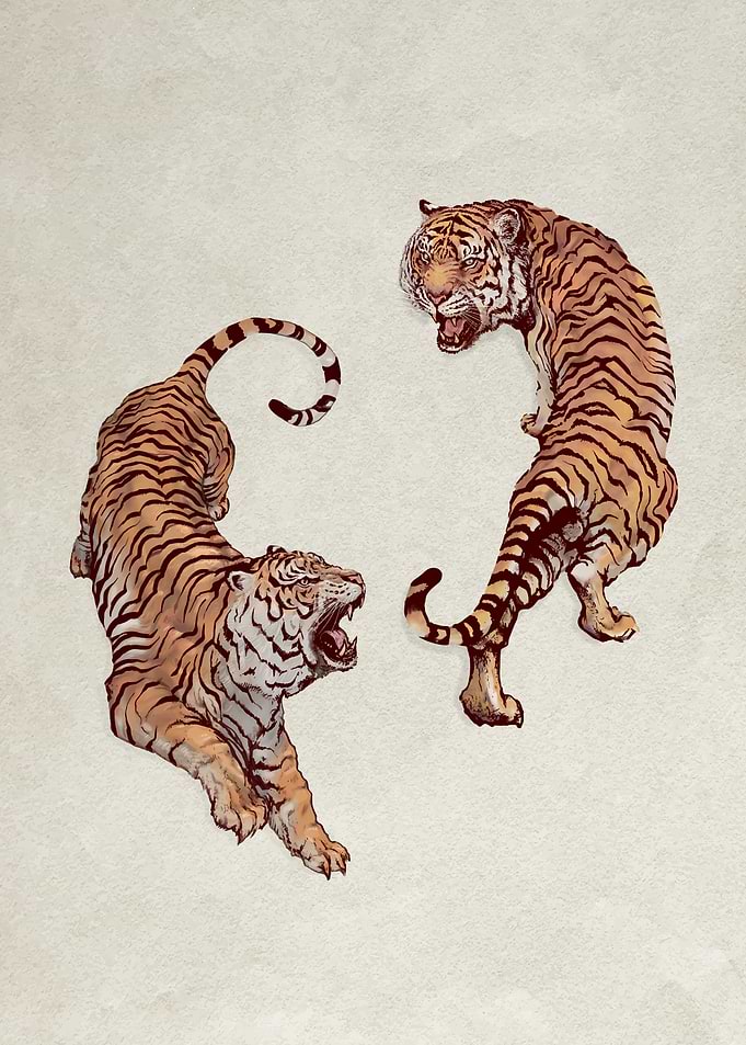 Tiger Poster, 70s Poster, Affirmation Poster, Aesthetic Art, Red Wall Art, Trendy Art Prints, Vintage Poster, Psychedelic Art, Retro PosterTwo Tigers Illustration