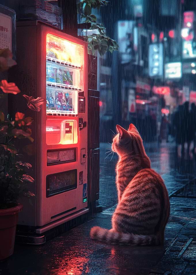 Cat in Neon Rain