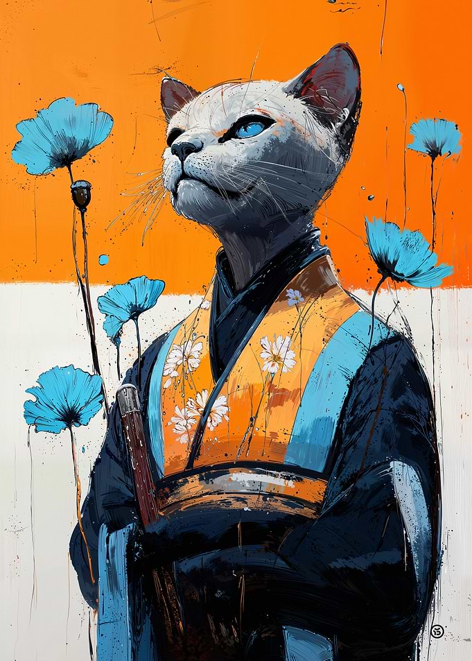 Cat in Kimono with Flowers