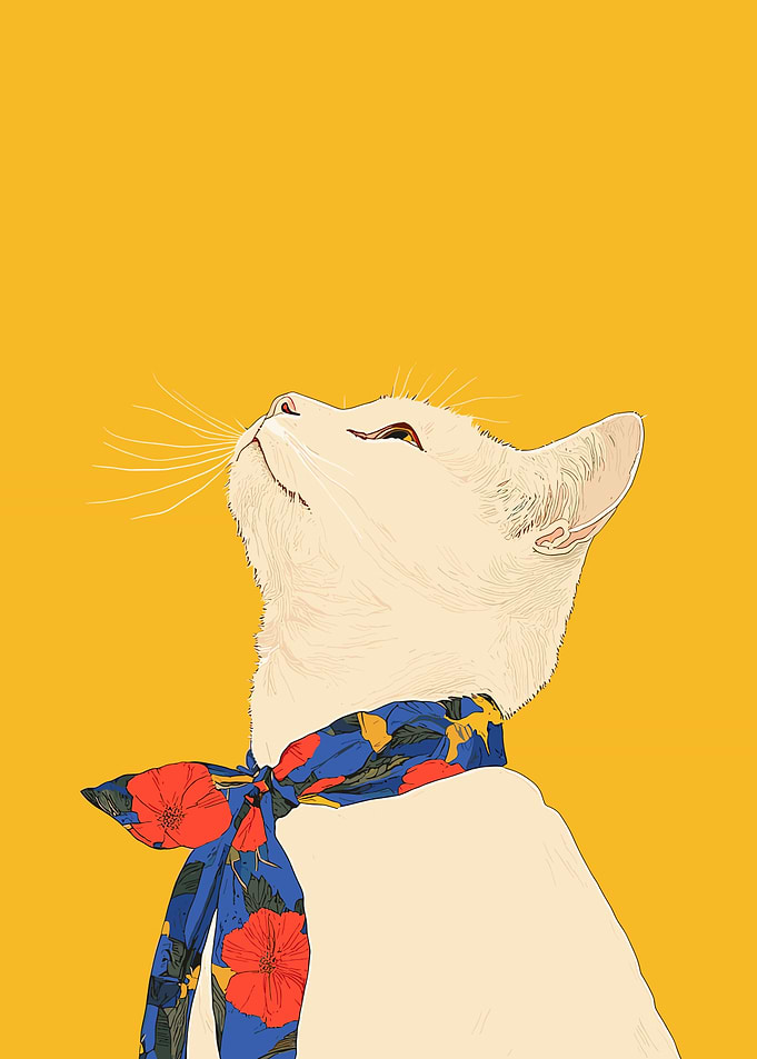 White Cat with Floral Scarf