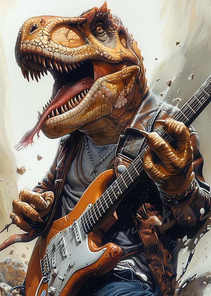 T-rex playing guitar metal band