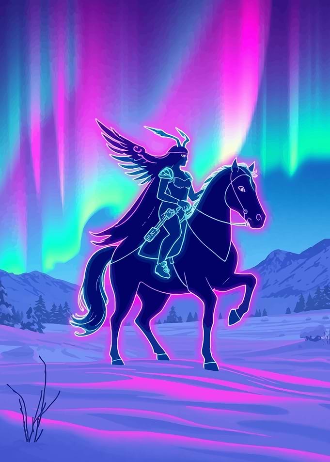 Neon Valkyrie Warrior on Horseback