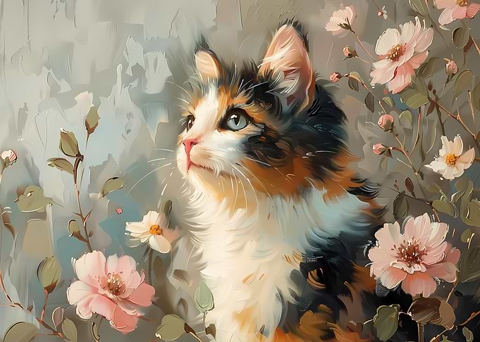 Calico Cat in Bloom Oil Painting