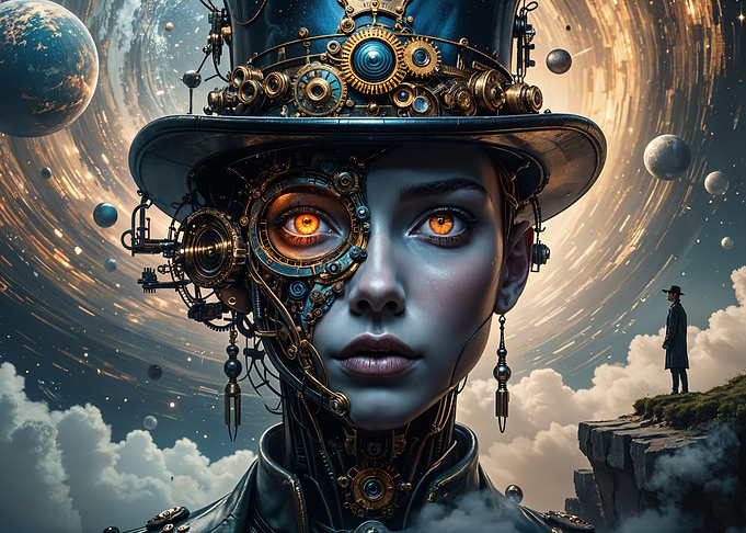 Steampunk Figure in a Cosmic Realm