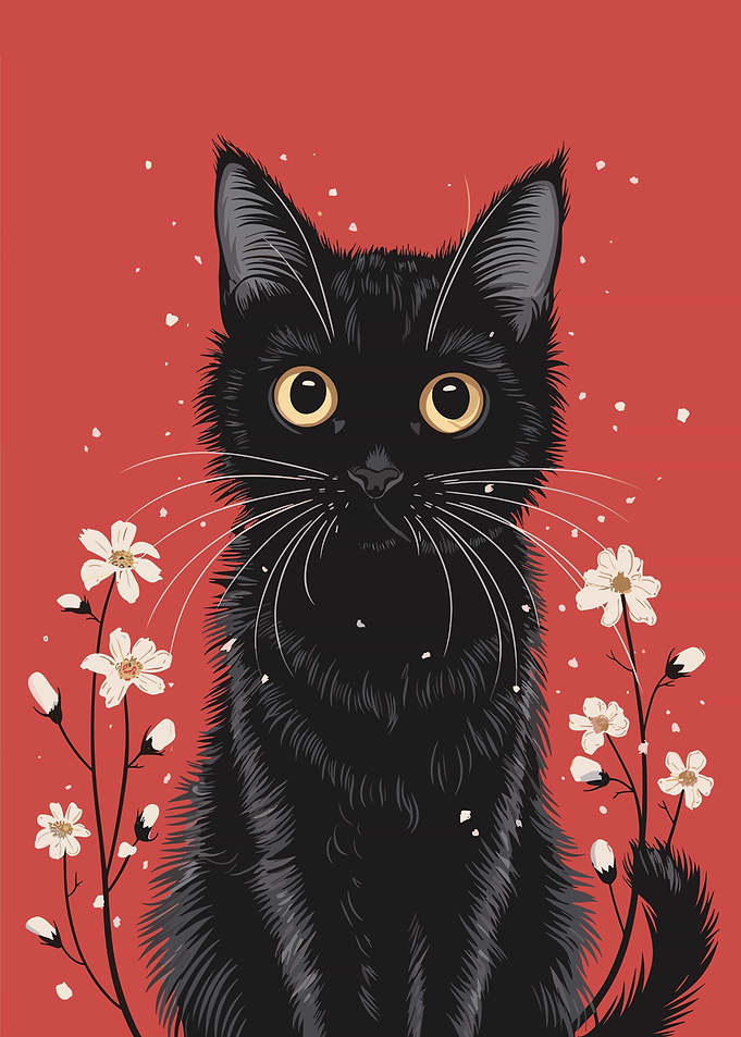 Black Cat with Flowers
