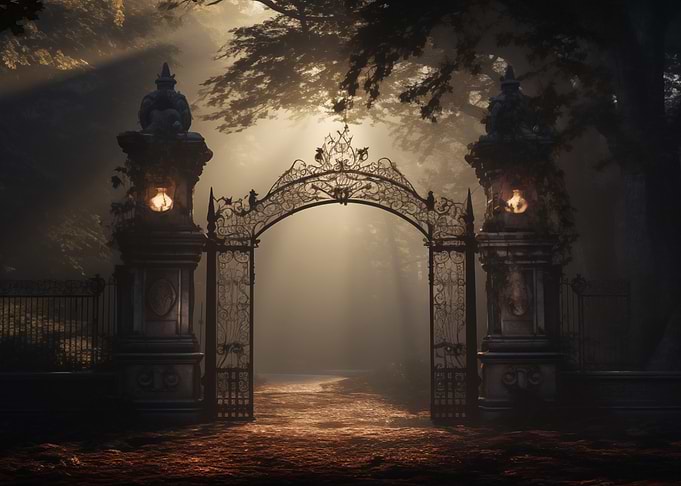 Ornate Gate Foggy Forest