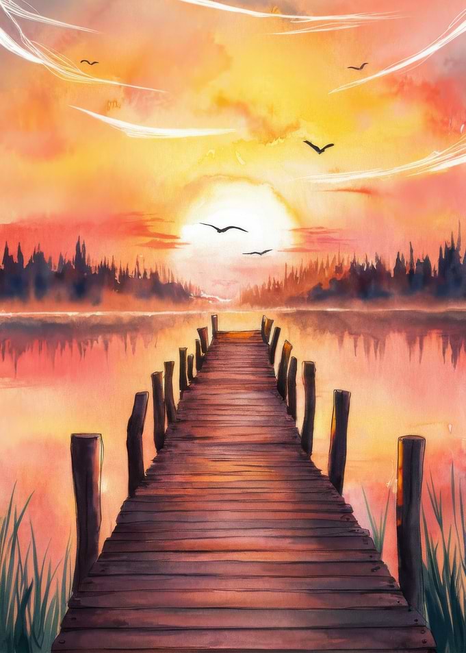 Watercolor Sunset Pier