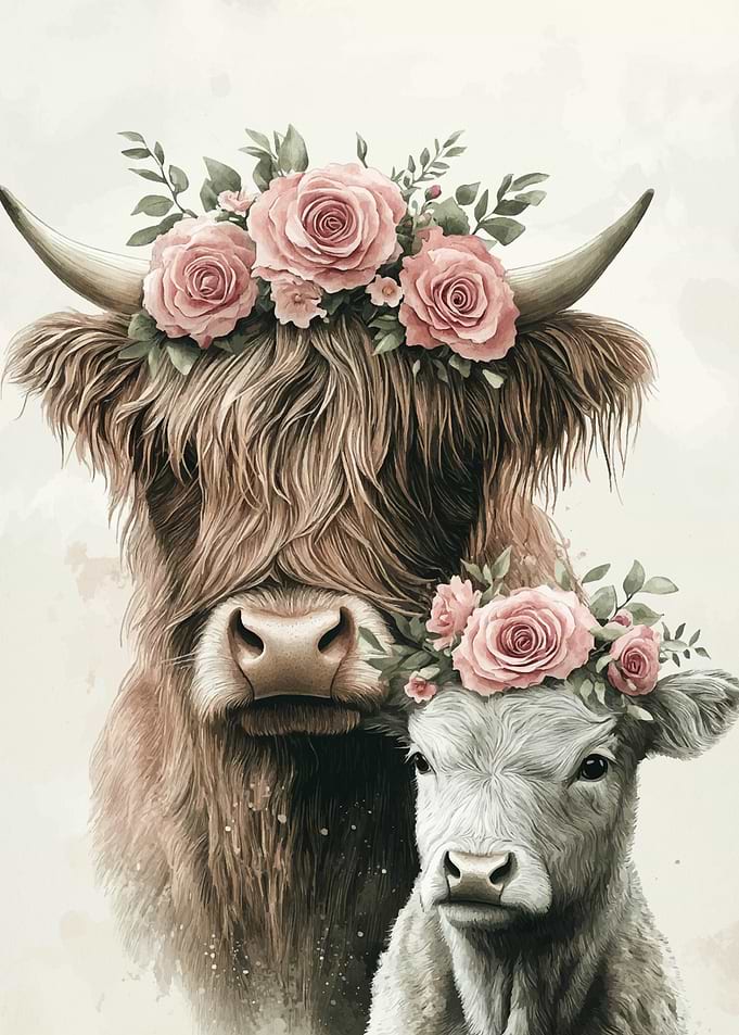 Highland Cow and Calf with Flowers