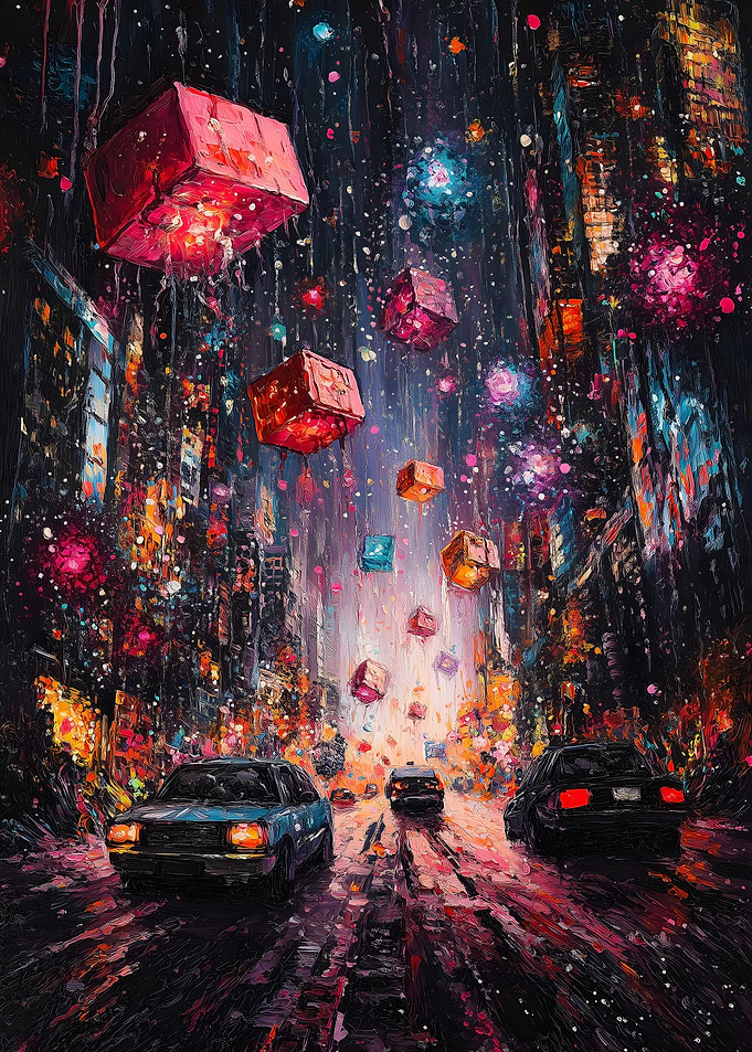 Cityscape with Floating Cubes