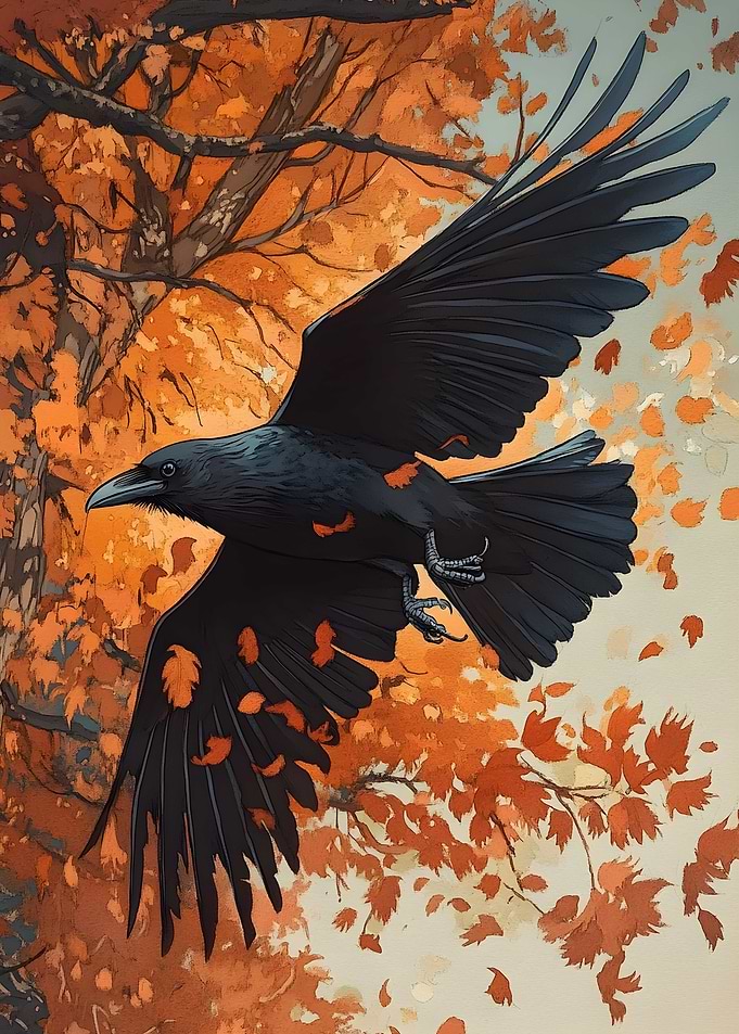 A raven flies overhead leaving a trail of shimmering