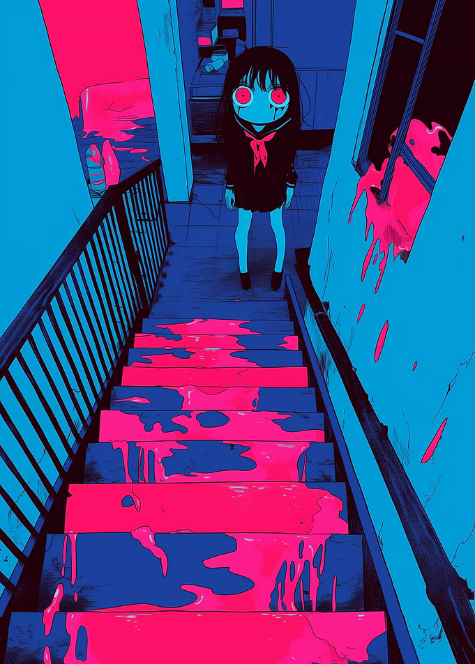 Anime Girl on Bloody Stairs