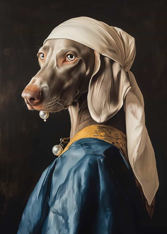 Weimaraner Girl with a Pearl Earring. Noble Weimaraner - Classical Dutch Master Style Portrait