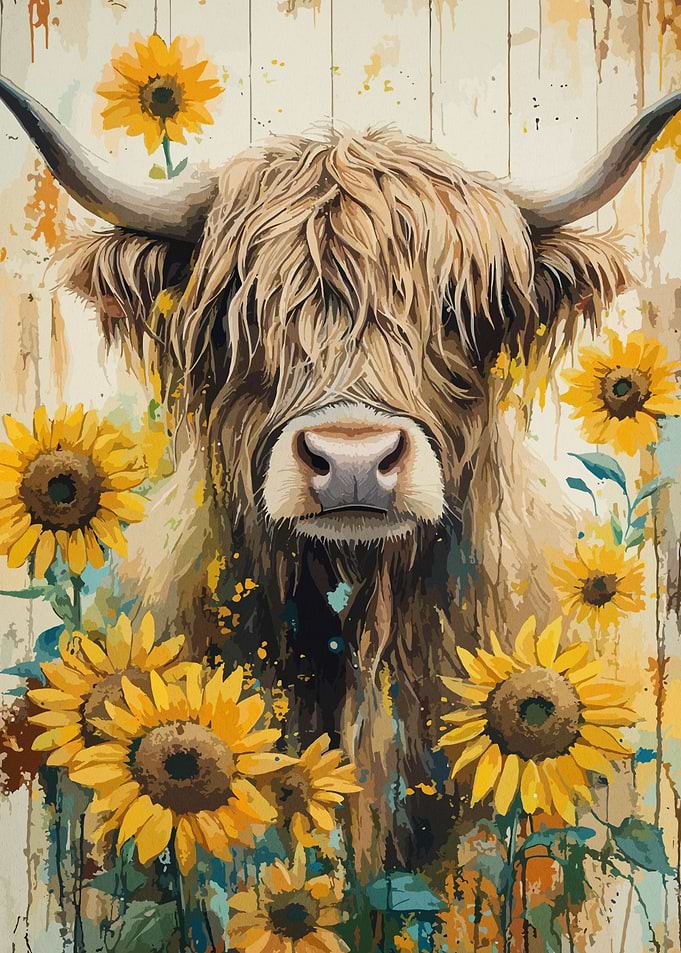 Highland Cow with Sunflowers
