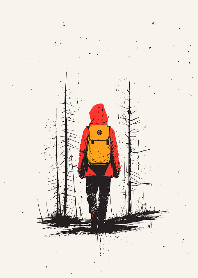 Lone hiker in a burnt forest