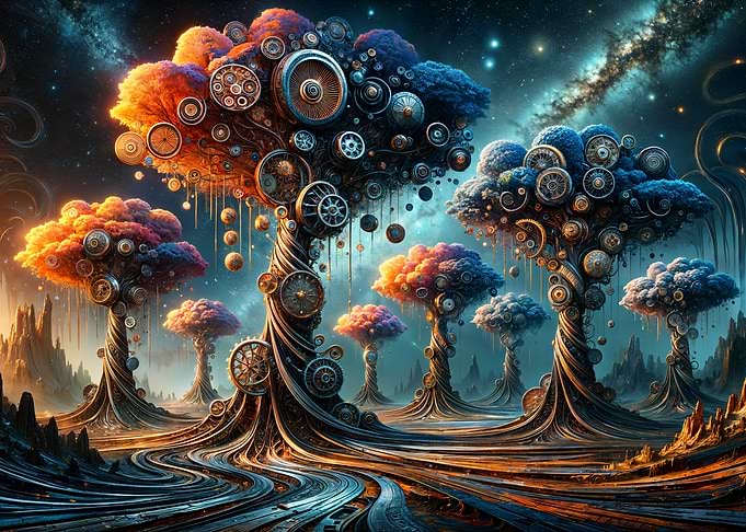 Whimsical Trees in a Cosmic Dreamscape