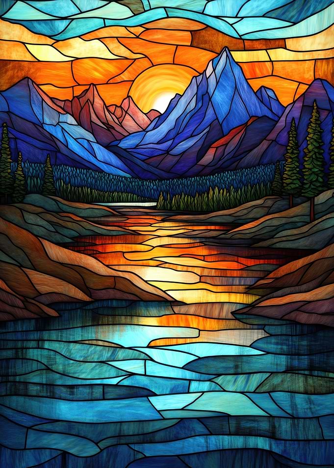 Stained Glass Mountain Sunset