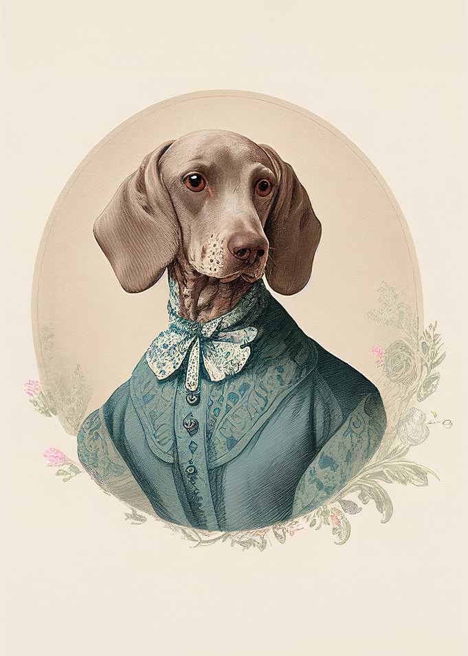 Weimaraner Dog Portrait. Illustration, costumbrist style