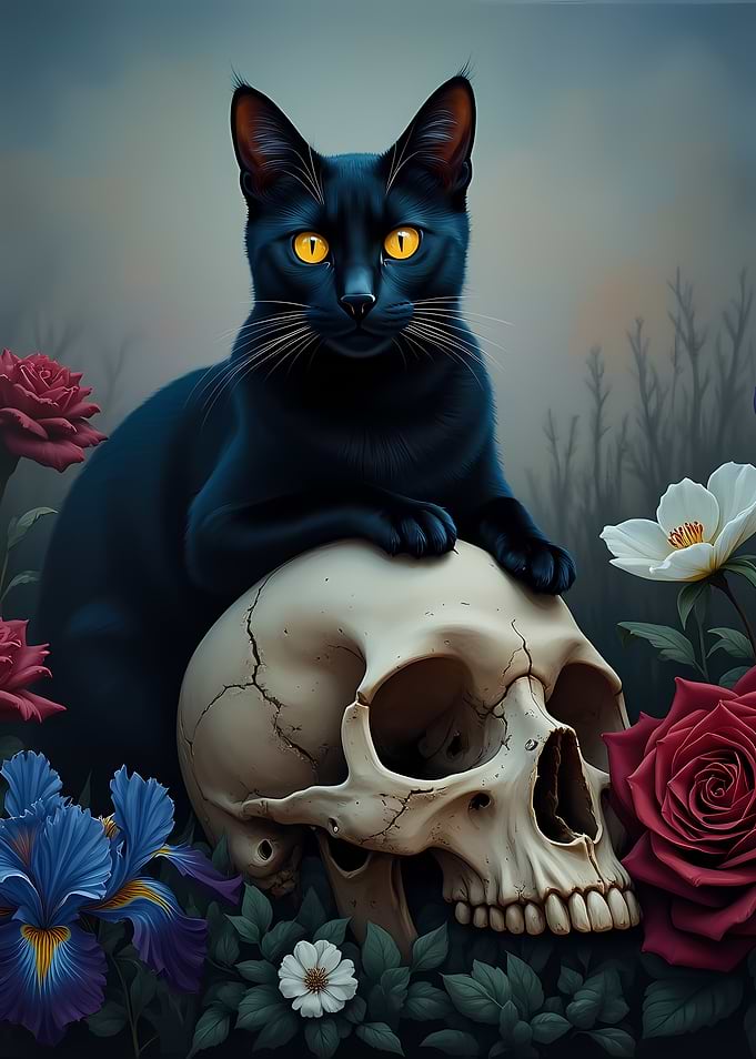 Black Cat On A skull In A Field Of Flowers