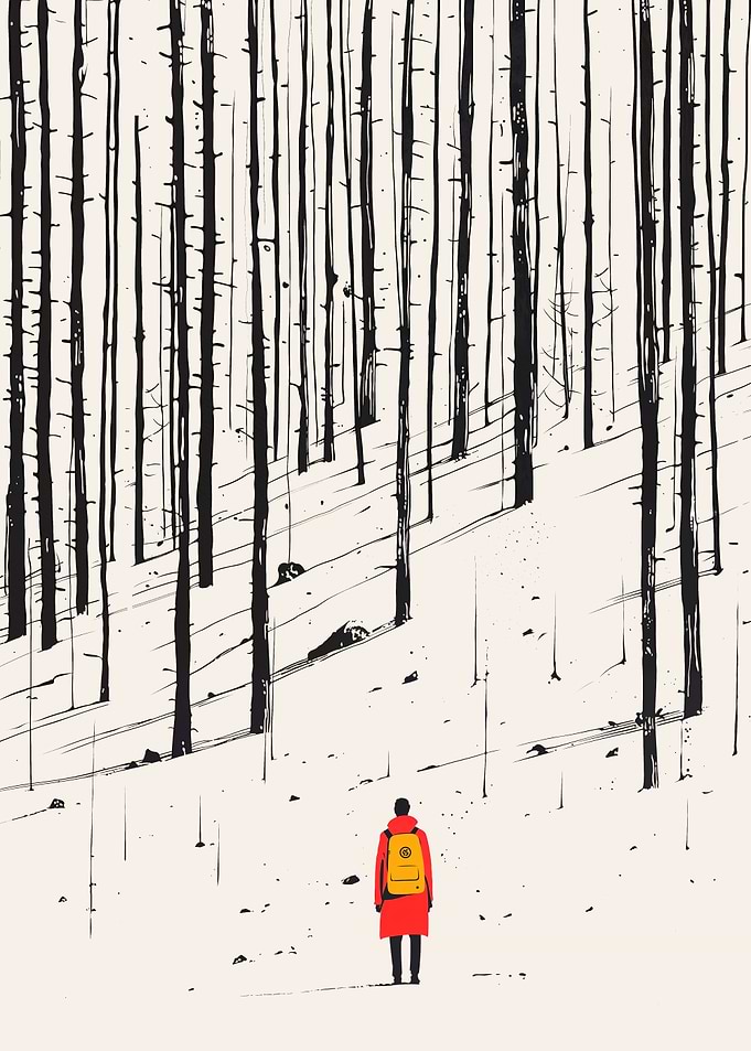 Lone man in a burned forest