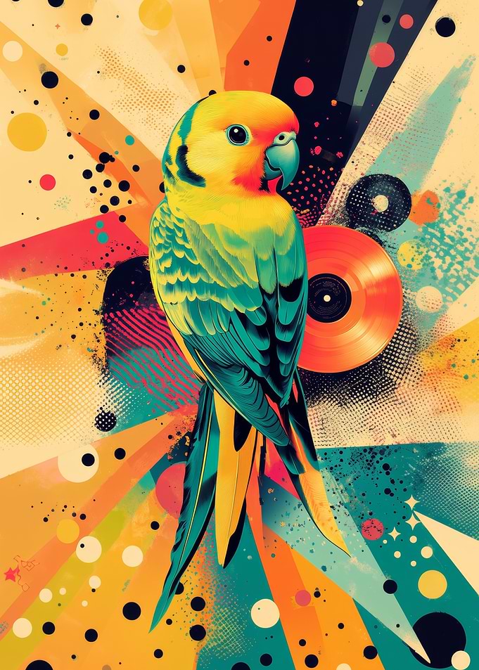 Parrot with Retro Vibes | Bright Green Budgerigar Parrot Poster | Unique Gift for Bird Enthusiasts