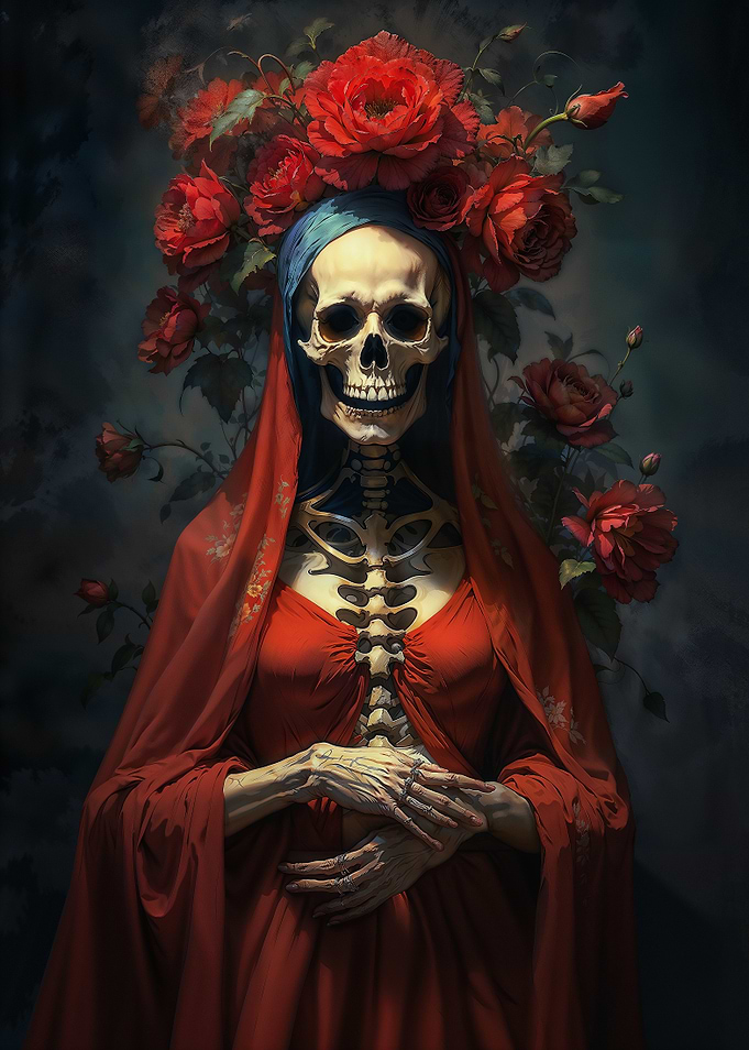 Santa Muerte with Red Roses